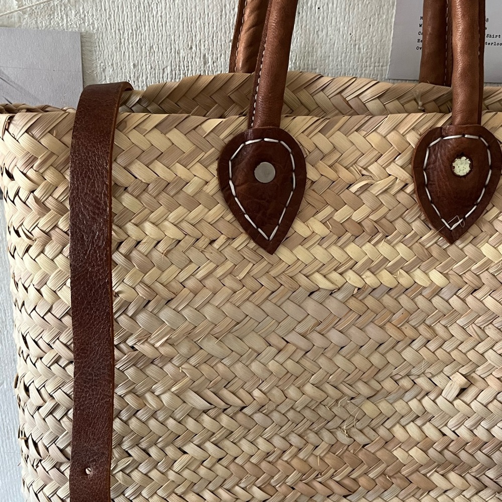 Woven Straw Backpack Tote with Brown Leather Straps - Picture 3 of 11